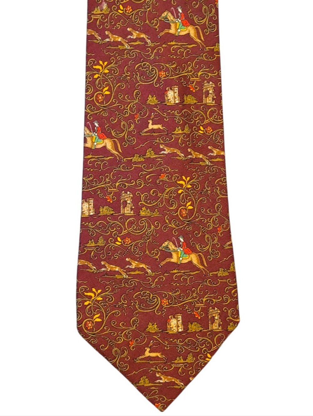 Ferragamo Men's Burgundy Equestrian Print Silk Tie OS